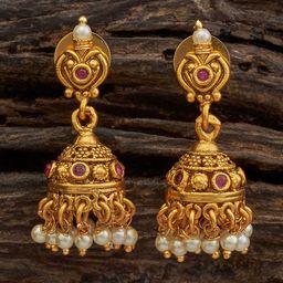Kushal's Fashion Jewellery Gold-Plated Stone Studded & Beaded Dome Shaped Antique Jhumkas-image-89