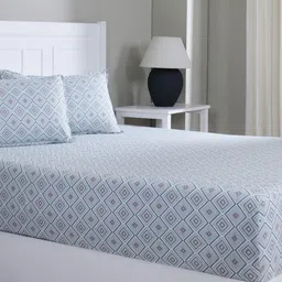 MASPAR Teal Printed Pure Cotton 144 TC Double Bed Fitted Bedsheet Set 1.83 x 1.98 m-picture-0