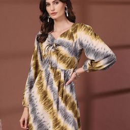 plusS Tie and Dye Print Tie-Up Neck Puff Sleeve Fit & Flare Mini Dress-picture-15