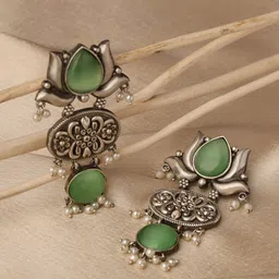 VENI 925 Silver-Plated Artificial Stones Studded Floral Shaped Oxidised Drop Earrings-24