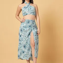 CUKOO Floral Printed Halter Neck Crop Top With Ruffled Skirt Co-Ords-image-44