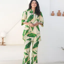 JISORA Printed Pure Cotton Mandarin Collar Neck Top With Trouser Co-Ords-image-93
