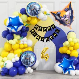Batman Theme 4th Birthday Decoration Kit Blue Yellow Balloon Garland & Foil Set-image-96