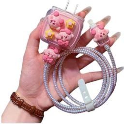 Micvir Charger Cover for iPhone 18W-20W Charger, 3D Cartoon Design Kirby Pink, Spiral Cable Protector-image-87