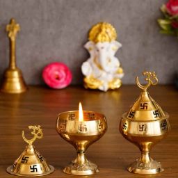 ecraftindia Golden Om And Swastik Brass Diya Set Of 2-picture-27