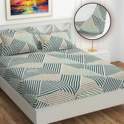 yaakholic Green Geometric 220 TC Cotton Blend Fitted Double Bedsheet With 2 Pillow Covers-picture-19