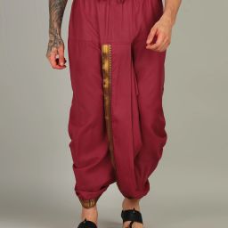 AKESHAVAM Mens Maroon Colour Panjakejam Readymade Golden Zari Border Dhoti Free size Silk Embroidered, Striped, Solid Men Dhoti-image-16