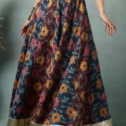 SUNEKH Floral Printed Cotton Flared Maxi Skirt-36