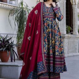 Pistaa Floral Printed V-Neck Sequinned Pure Cotton Anarkali Kurta With Palazzo And Dupatta-picture-36