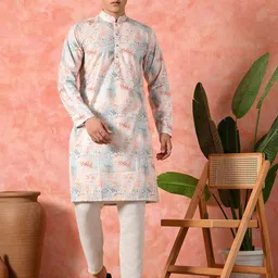 7 GEN Geometric Printed Mandarin Collar Sequinned Straight Cotton Silk Kurta-picture-10