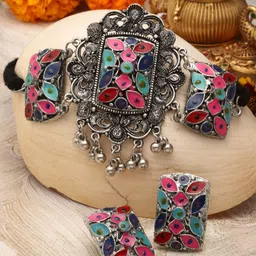 Moedbuille Silver-Plated Stone-Studded & Beaded Oxidised Jewellery Set-image-98