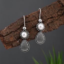 Anvik Silver Plated Pearls Studded Oxidised Contemporary Drop Earrings-18
