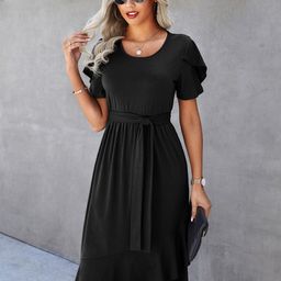 Outzidr Solid Black Round Neck Fit & Flare Dress With Belt-image-6