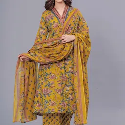 Arayna Floral Printed Pure Cotton Straight Kurta With Palazzos & Dupatta-50