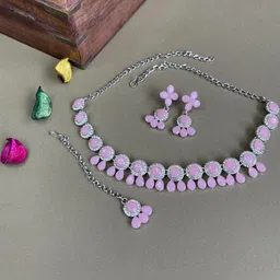 VATSALYA creation Women Pink Alloy Silver-Plated Necklace & Earrings With Maang Tikka-48