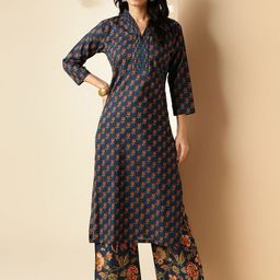 vbuyz KALINI Floral Printed Regular Three-Quarter Sleeves Pure Cotton Kurta with Palazzos-picture-21