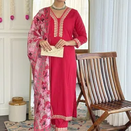 Divyadham Textiles Floral Embroidered Zari V-Neck Straight Kurta With Trousers & Dupatta-picture-52