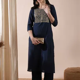 Globus Blue Floral Yoke Design Sequinned Straight Kurta With Trousers-45