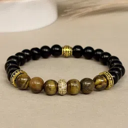 SANAA CREATIONS Unisex Crimson Stone Onyx & Wood Pearls Beaded Elasticated Bracelet-image-56