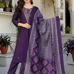 KALINI Floral Embroidered Thread Work Round Neck Straight Kurta With Trousers & Dupatta-picture-5