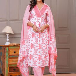 Kanahari Floral Printed V-Neck Pure Cotton Kurta With Trousers & Dupatta-image-99