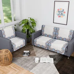 Aura Cream-Coloured & Blue Cotton Sofa Cover-10