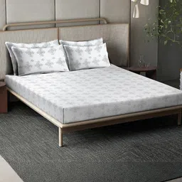OffWhite Floral 400 TC Pure Cotton Fitted Super King Double Bedsheet with 4 Pillow Covers-image-44