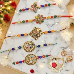 MEIRA JEWELLERY 5-Pcs Kundan Studded Thread Rakhi With Greeting Card & Roli Chawal-image-83