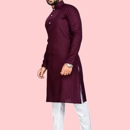 ANUJ FASHION Men Purple Solid Cotton Blended Knee Length Kurta-picture-1