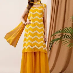 PARROT CREATION Chevron Embroidered Sequinned Georgette Kurti With Sharara And Dupatta-56