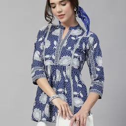 QOMN Women Floral Printed Mandarin Collar Cotton Longline A-Line Top-picture-27
