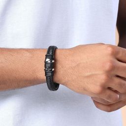 Bohey by KARATCART Men Leather Handcrafted Silver-Plated Wraparound Bracelet-image-58