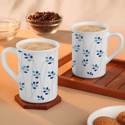Larah by BOROSIL White & Blue Floral Printed Opalware Matte Mugs Set of Cups and Mugs-17