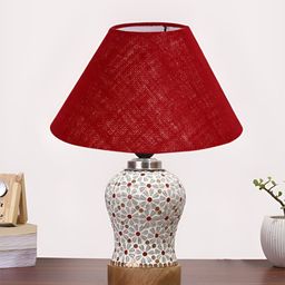 Devansh Maroon & White Printed Frustum Shaped Wooden Table Lamp-10