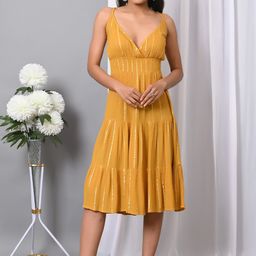 IQRAAR Women V-Neck Shoulder Straps Self Design Ruffles Striped Fit and Flare Dress-picture-13