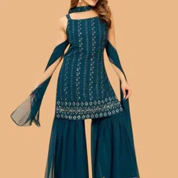 PARROT CREATION Floral Embroidered Sequinned Georgette Kurti With Sharara And Dupatta-7