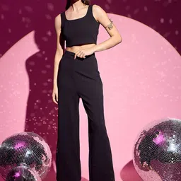 Berrylush Black Square Neck Crop Top & Trousers-image-82