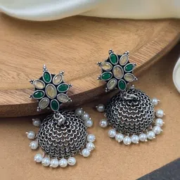 NAMAN ARTS Silver-Plated Artificial Stones and Beads Oxidised Contemporary Jhumkas-14
