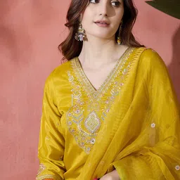 Sangria Yellow Floral Embroidered V-Neck Sequinned Straight Kurta With Trouser And Dupatta-picture-17