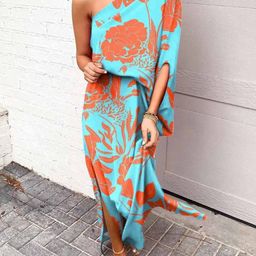 KPOP Women Floral Print One Shoulder A-Line Maxi Dress-image-85