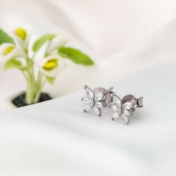 SILBERRY 925 Sterling Silver Rhodium-Plated Cubic Zirconia Studded Lotus Studs-10