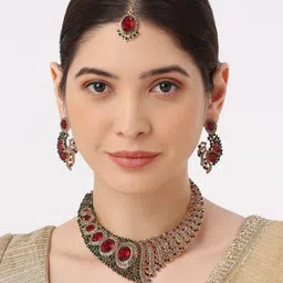 VATSALYA creation Alloy Gold- plated Maroon Green Jewellery Set-10