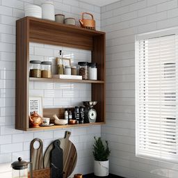 homeeasy Brown Wall-Mounted Kitchen Rack Engineered Wood Shelf With Hooks-23