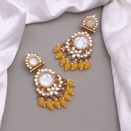 BELWICK Brass Plated Kundan Studded & Beaded Contemporary Drop Earrings-image-25