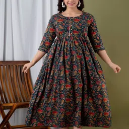 Fasnesio Floral Printed Round Neck Gotta Patti Maternity Cotton Fit & Flared Dress-picture-19