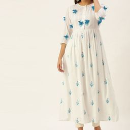 KALINI Floral Printed Round Neck Empire Thread Work Pure Cotton Anarkali Kurta-image-53