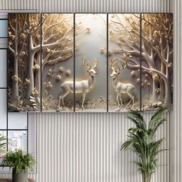 Myntra Elegant Homes Grey & Gold-Toned 5 Pieces Deer Forest MDF Wooden Wall Art-image-13