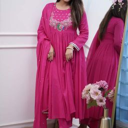 KALINI Floral Embroidered Thread Work Pleated A-Line Kurta With Trousers & Dupatta-image-84