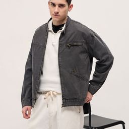 THE BEAR HOUSE Men Mandarin Collar Solid Cotton Casual Denim Jacket-image-70