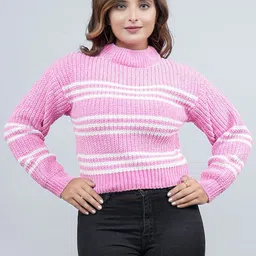 FEVERFEW Women Striped High Neck Pullover Sweater-picture-25
